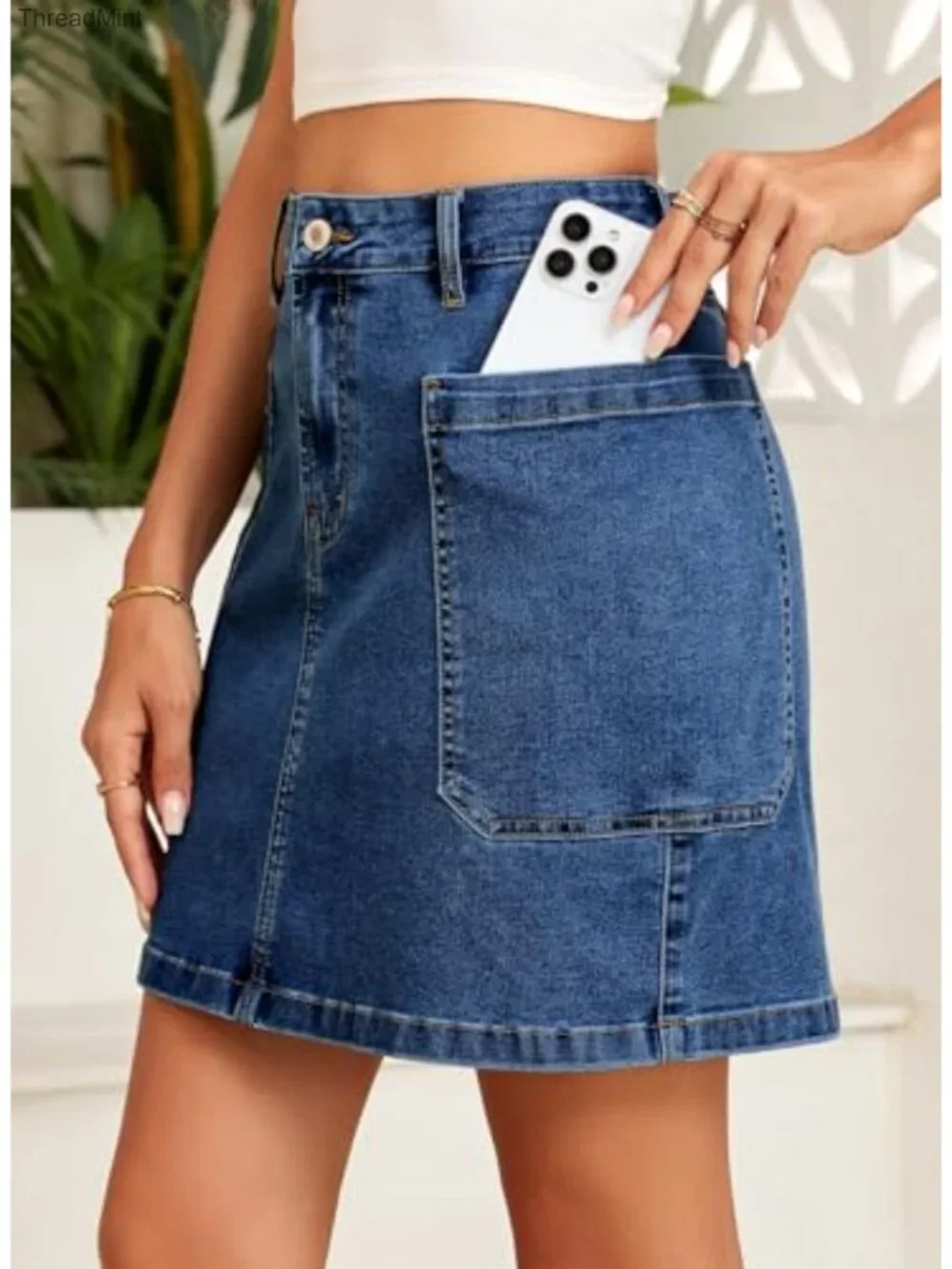 Women's High Rise Cargo Pocket Stretchy Denim Skirt, Above Knee Casual Mini